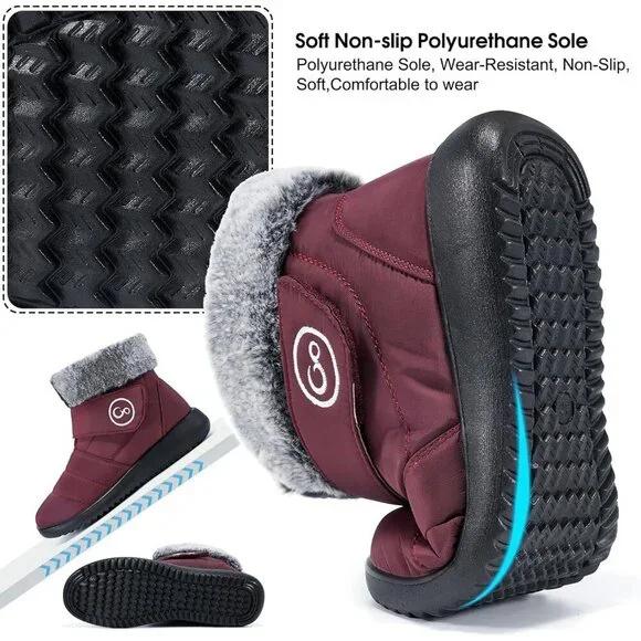 Women’s Wine Red Winter Snow Boots Warm Waterproof Fur Lined Slip-Ons